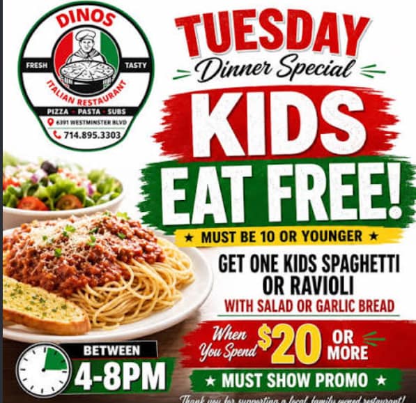dinos kid eat free tuesday deal